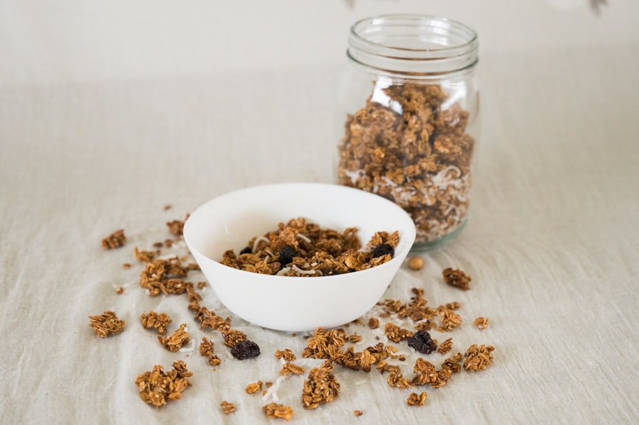 A glass jar and a wooden bowl of mixed grains and seeds in warm light