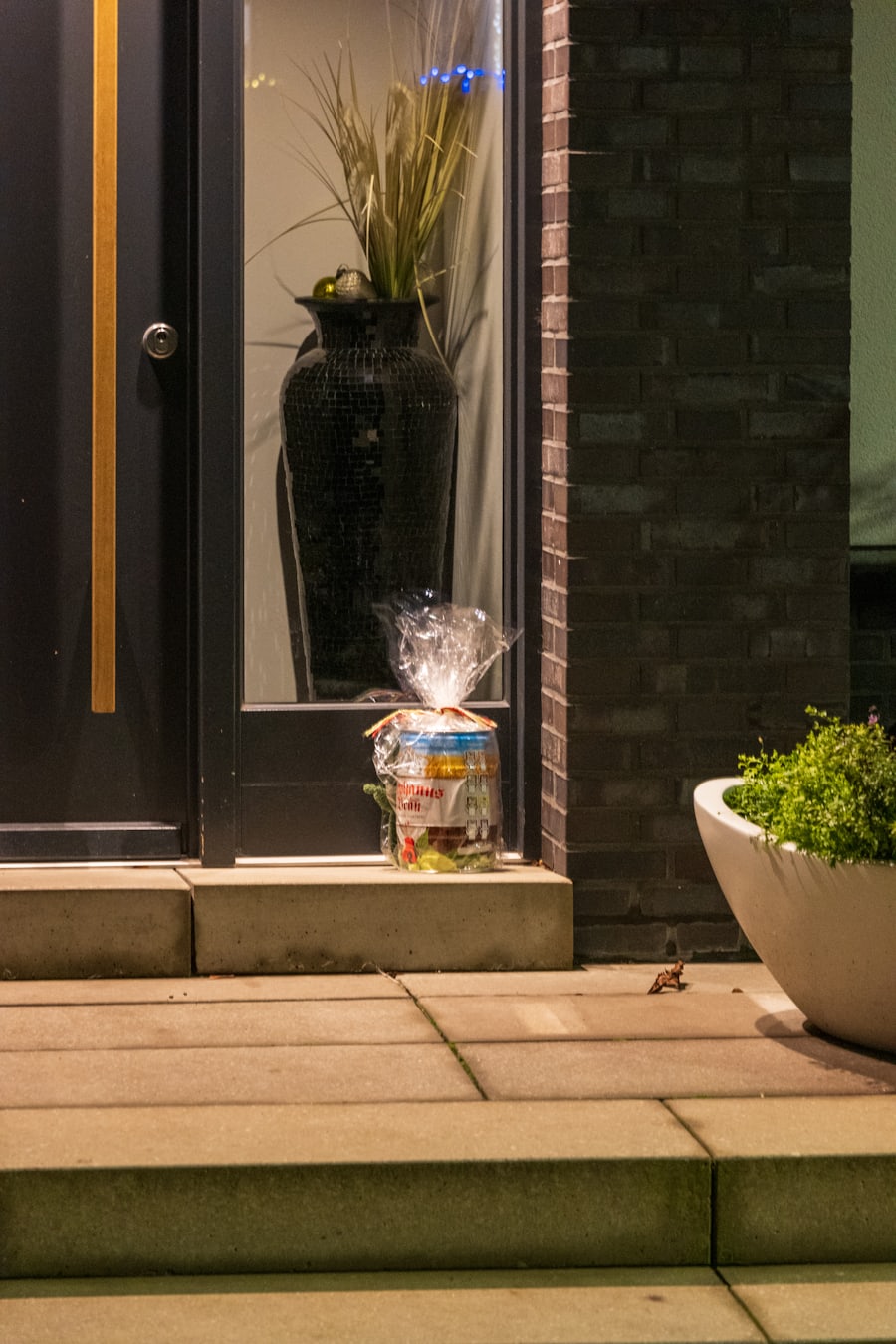 A wrapped parcel sitting on a doorstep near a front door